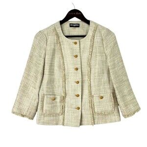 New Karl Lagerfeld Women Sz 4 Beige Blazer Tweed Woven Frill Hem Career Jacket N